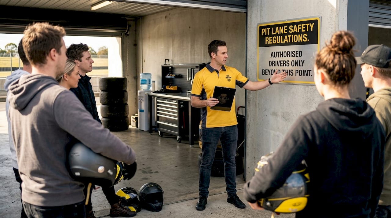 Motorsport safety briefing at pit lane garage