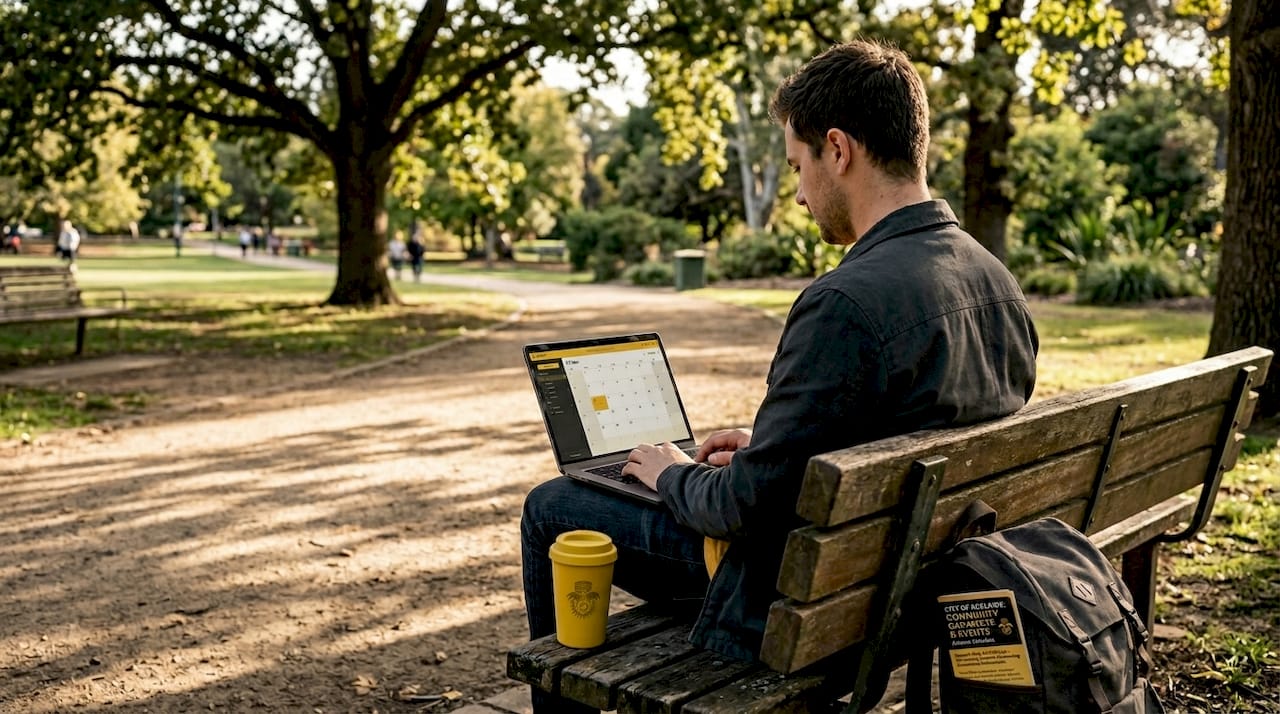 Man checking event dates on laptop in park