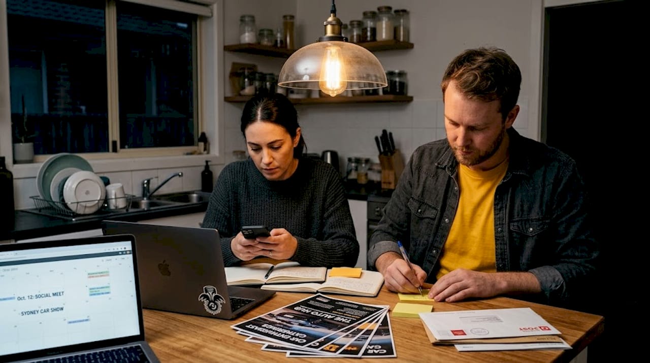 Two people planning secret meetup at kitchen table