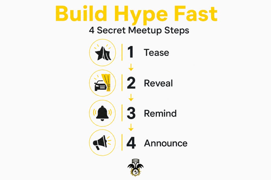 Infographic with four hype-building steps for meetups