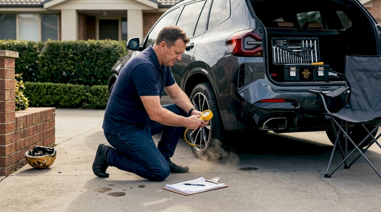 Man inspecting car tire with checklist