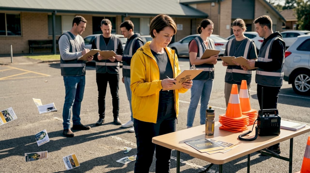 Event coordinator reviewing safety checklist outdoors