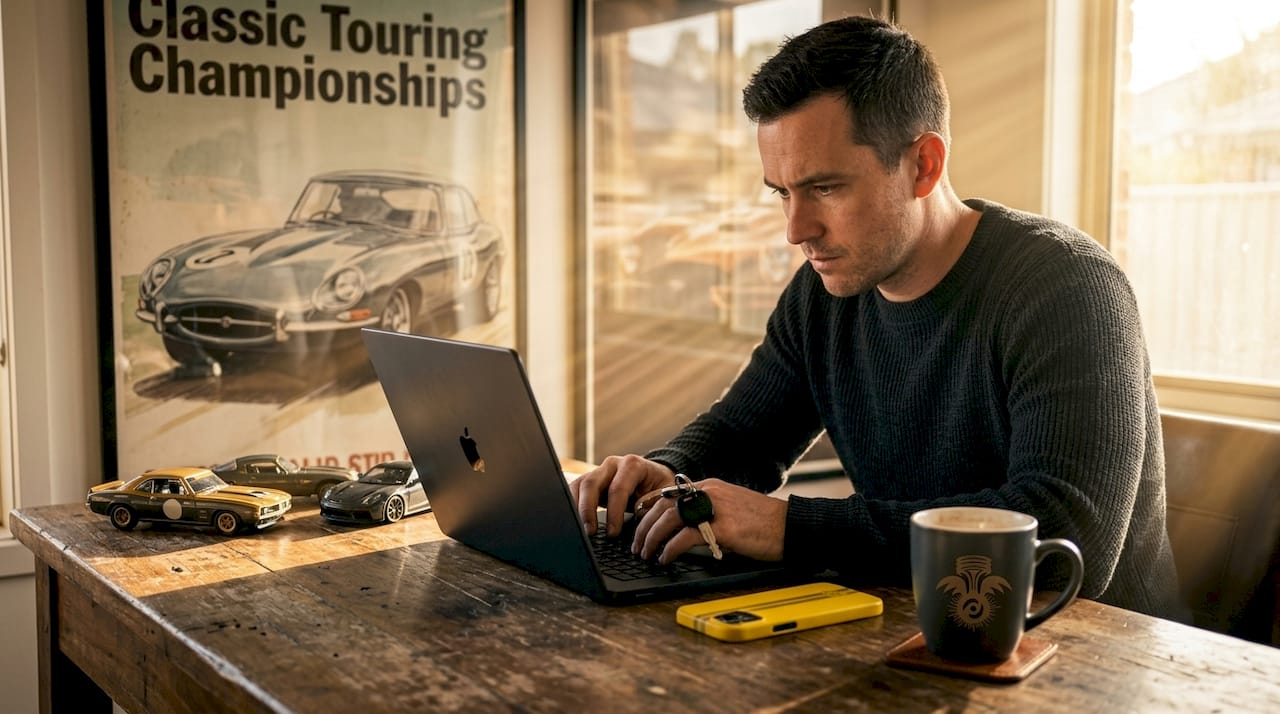 Car enthusiast researching on laptop at home
