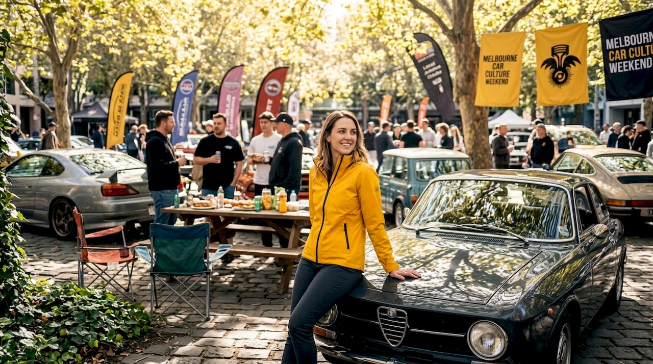People socializing at casual outdoor car event