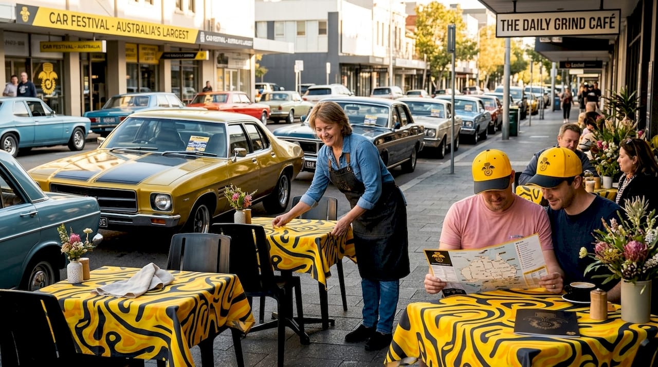Café owner and locals during community car event