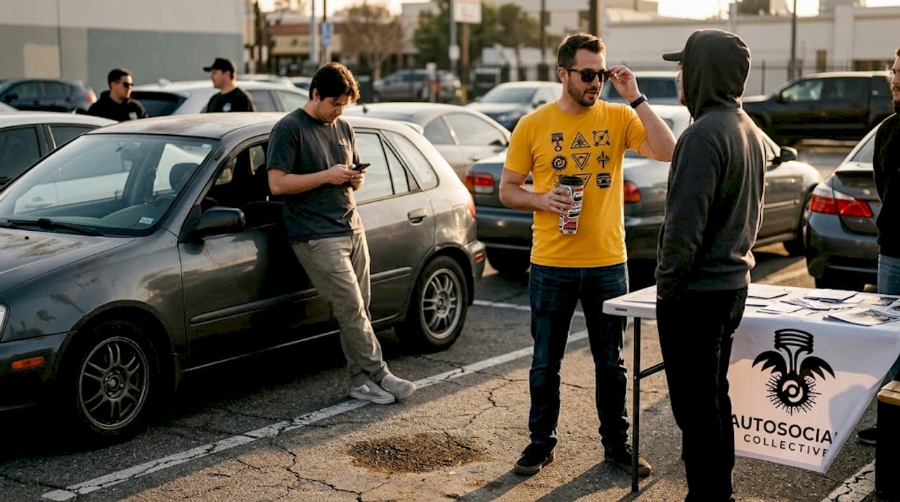 Automotive enthusiasts mingling at outdoor car meet