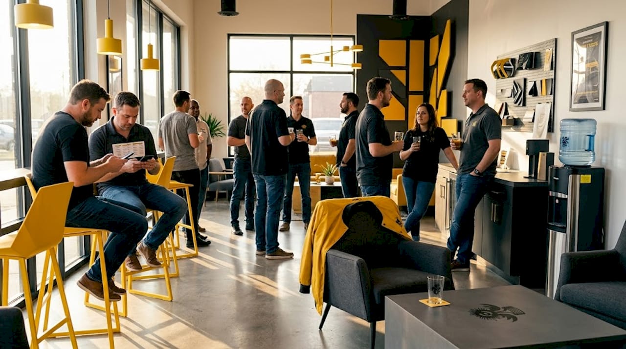 People connecting in relaxed event space