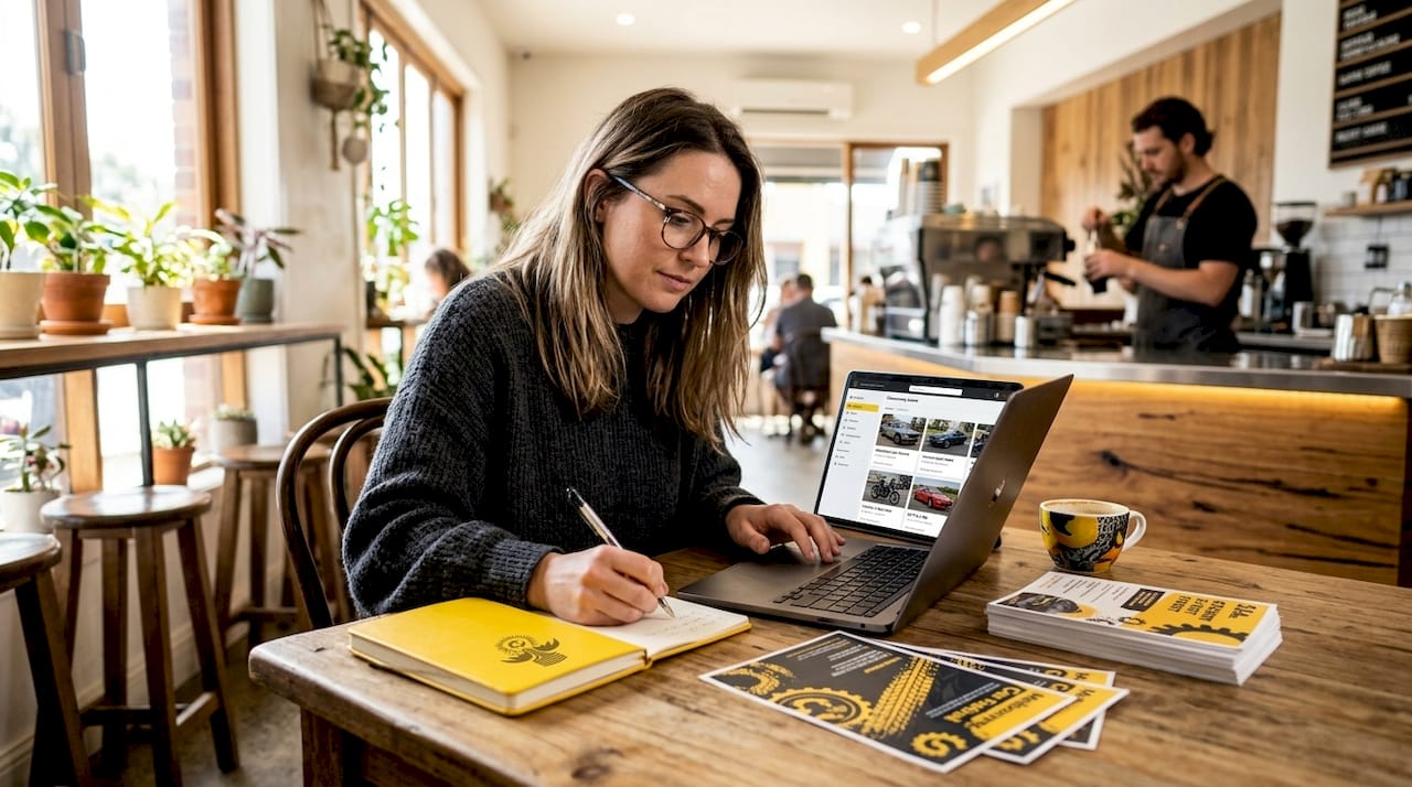 Woman researching social event platforms at kitchen table