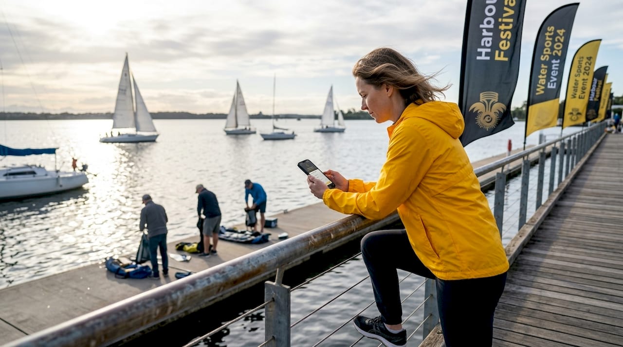 Woman checking water sports event on boardwalk