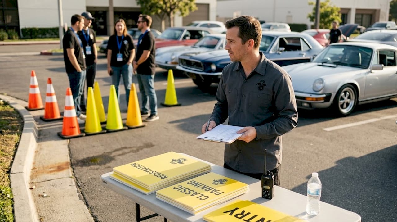 Car meetup organizer planning at event site