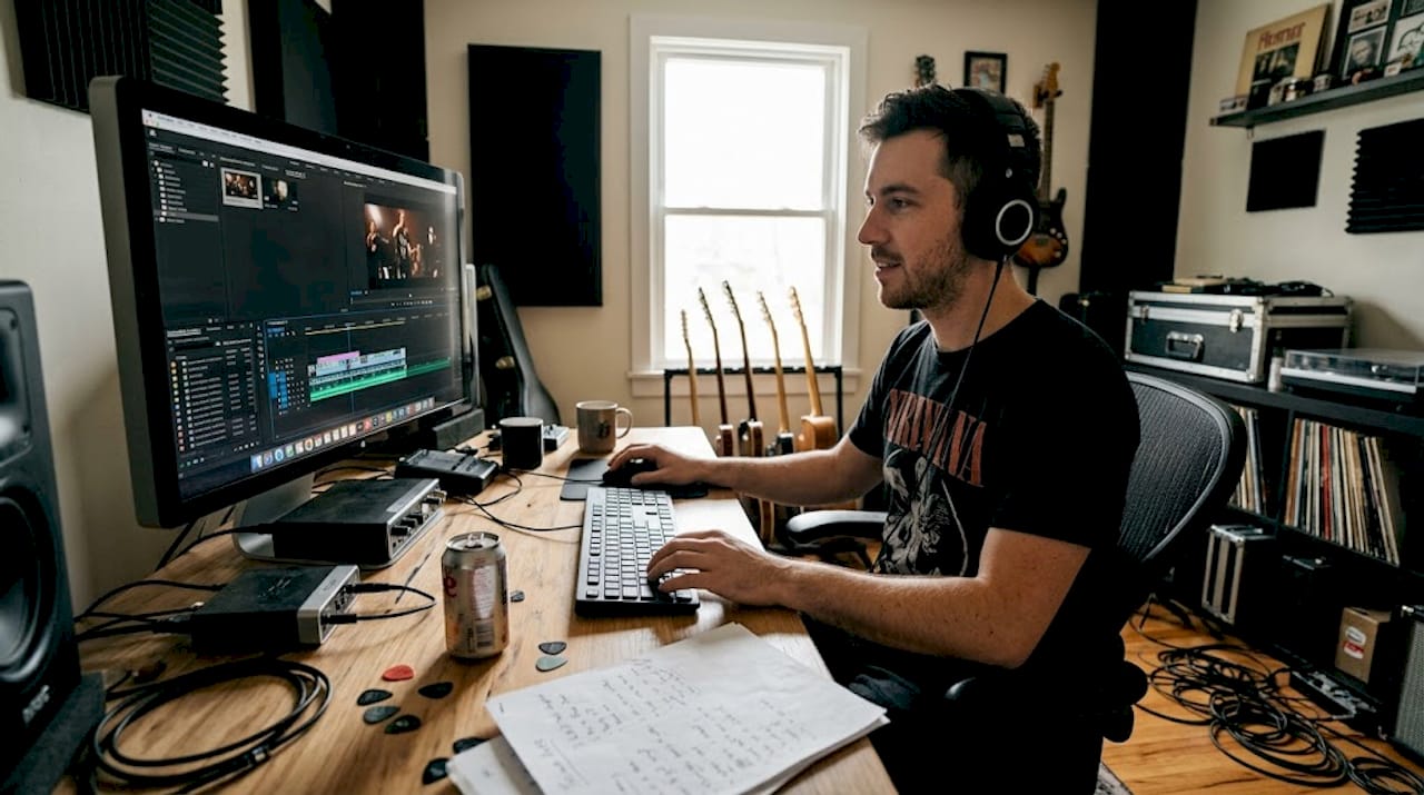 Musician editing video in home studio