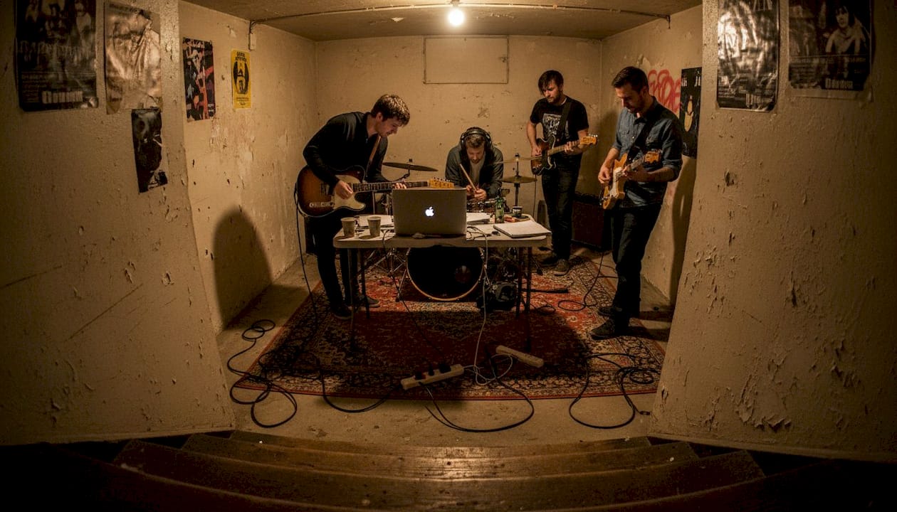 Rock band rehearsing with laptop in basement