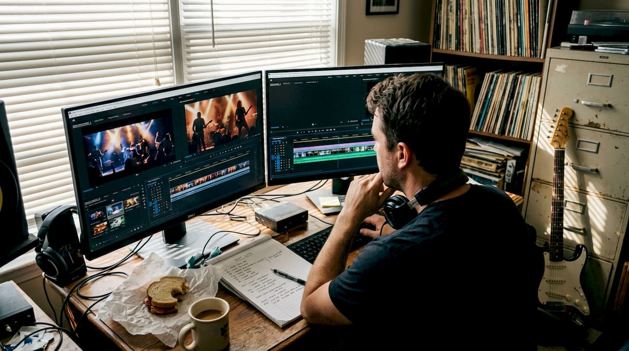 Man editing music video in home studio workspace