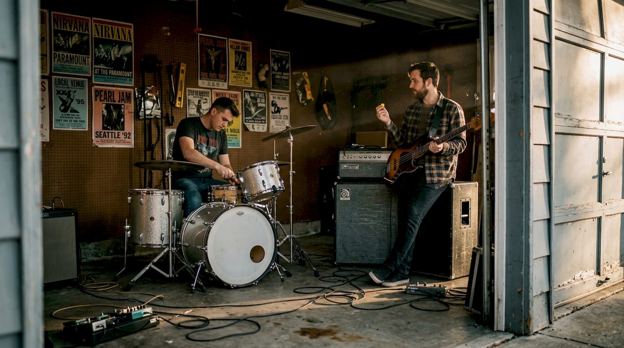Rock band practicing in cluttered garage