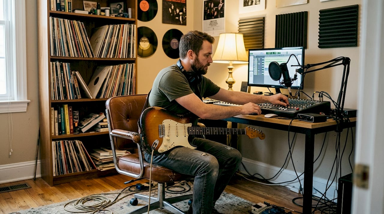 Guitarist adjusting controls in home studio