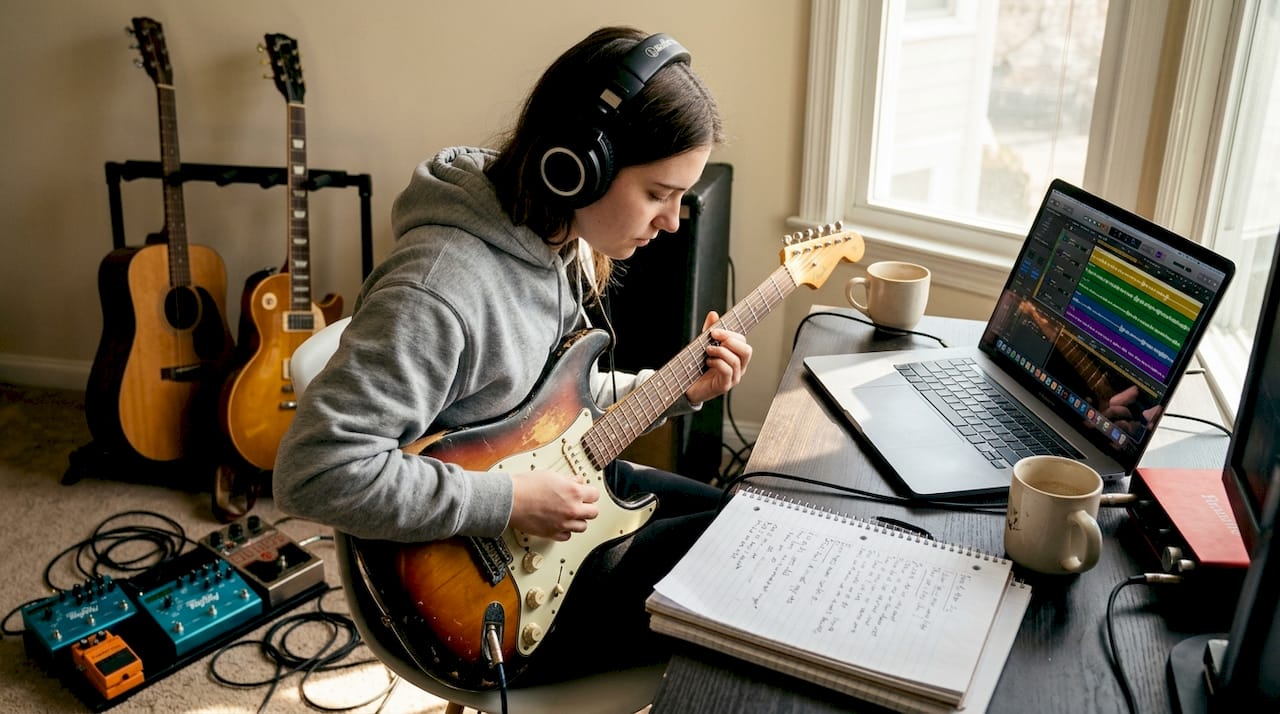 Guitarist recording layers in home studio