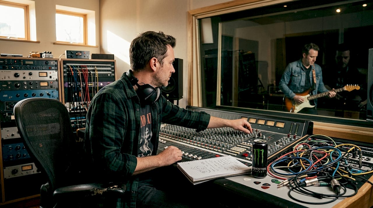 Producer at mixing desk in rock studio
