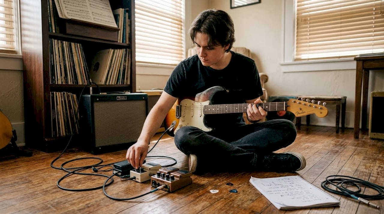 Guitarist tweaking distortion in living room