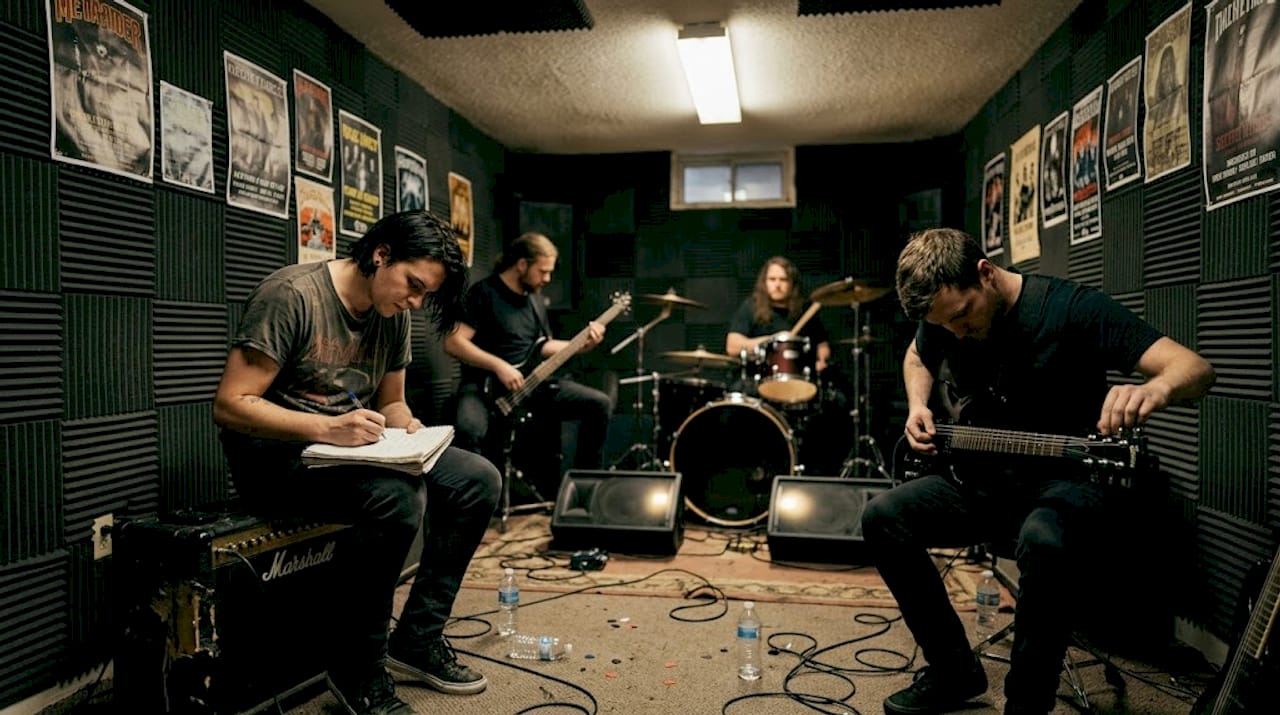 Metal band rehearsing in basement studio