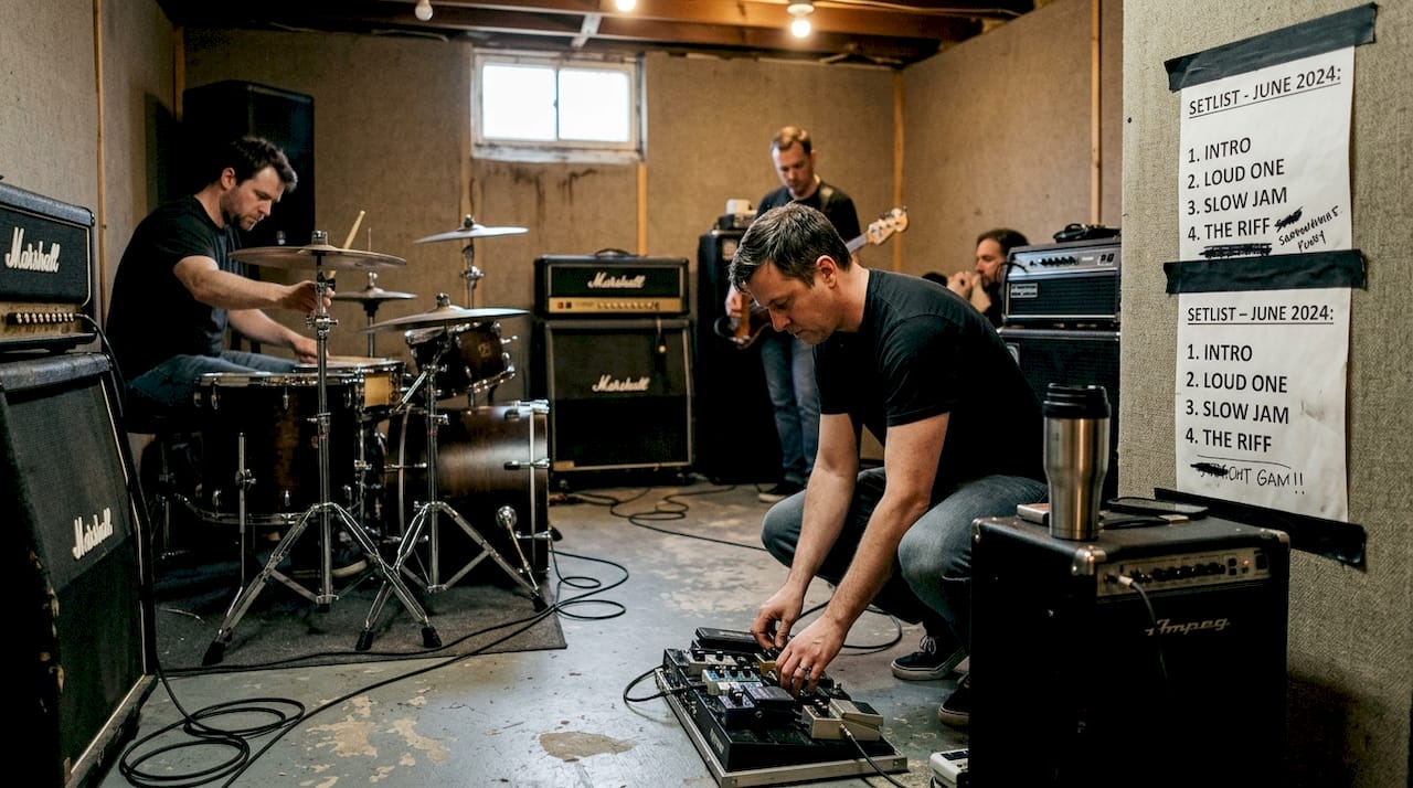 Hard rock band preparing music video in studio