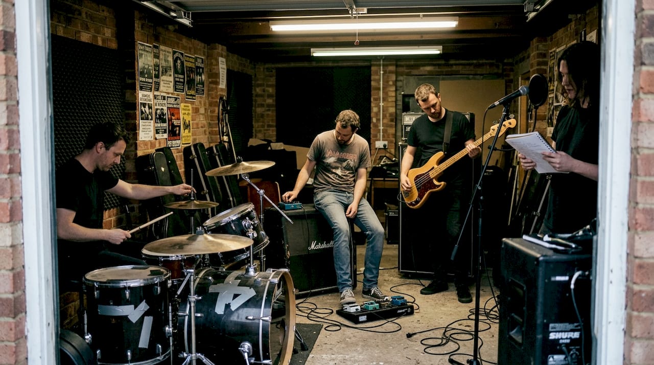 Hard rock band rehearsing in gritty garage space