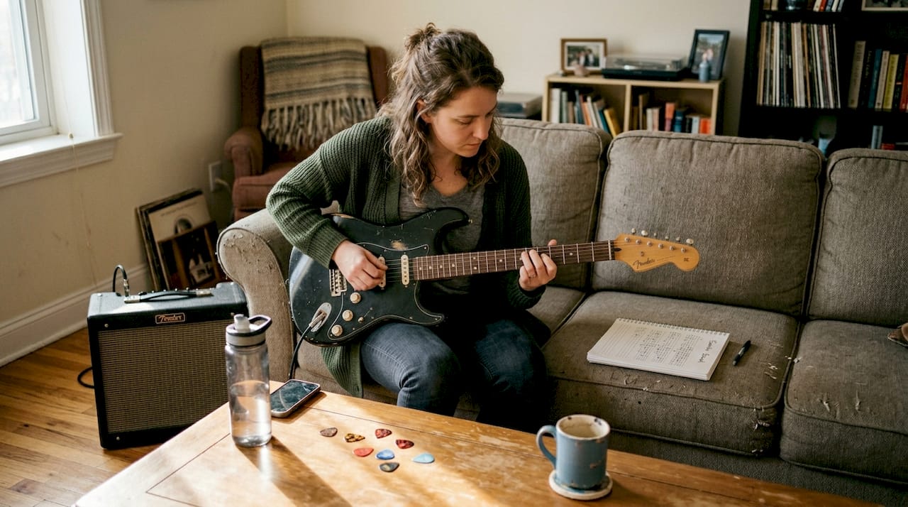 Guitarist practicing riffs on living room sofa