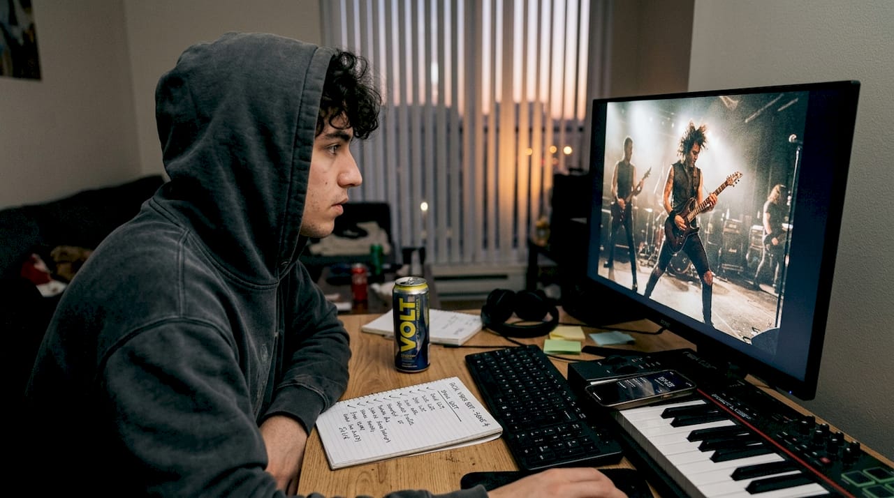 Editor assembling rock music video at home desk