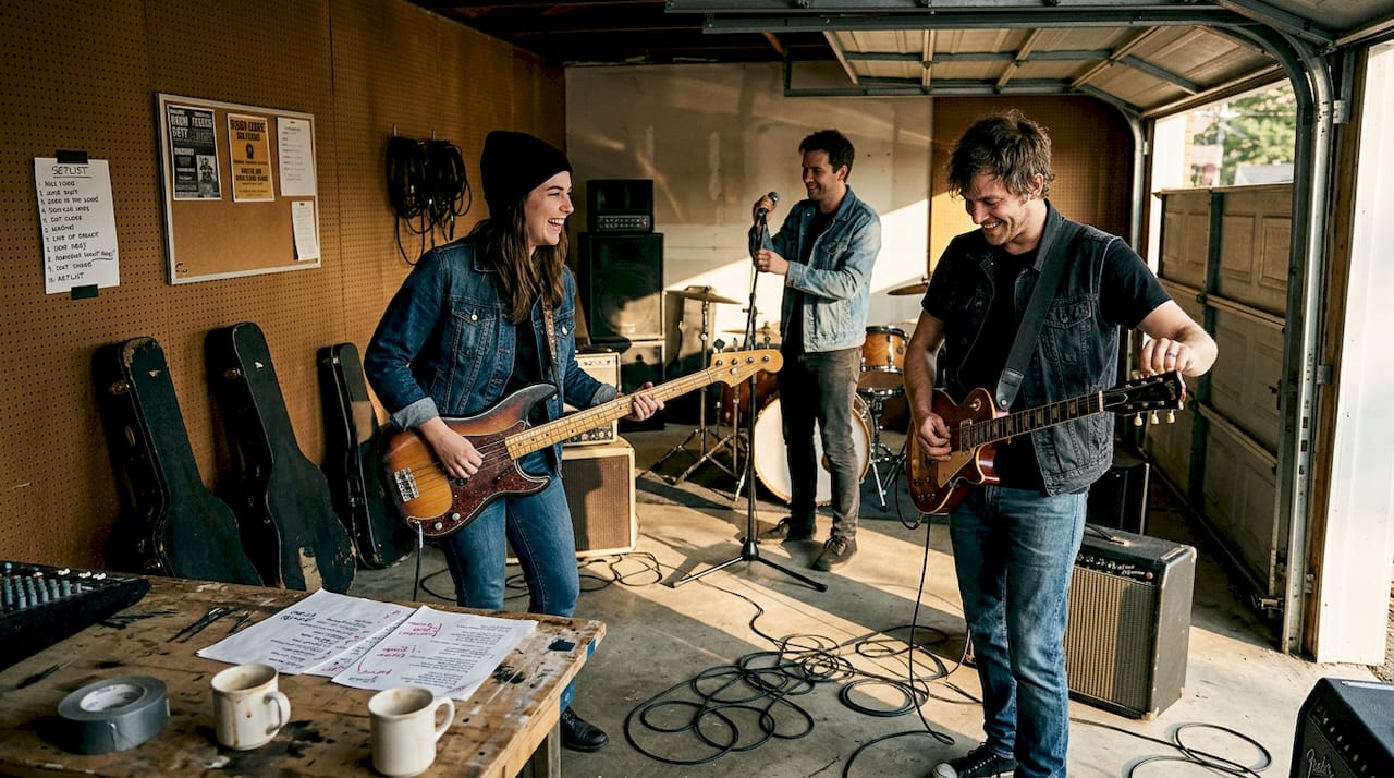 Band setting up for garage music video shoot