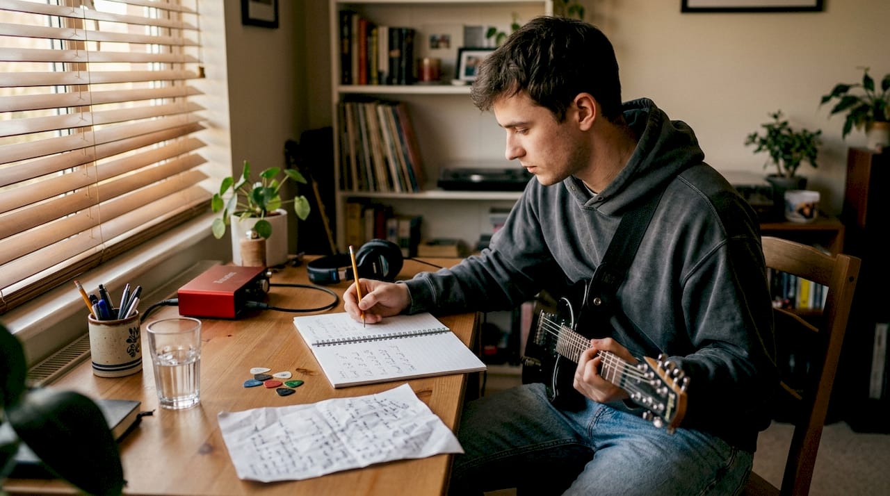 Guitarist writing music in home studio