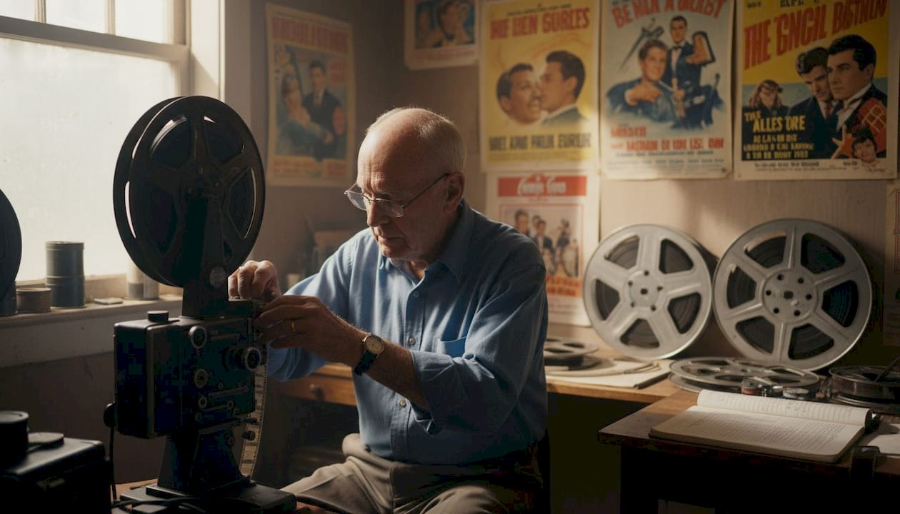 Technician preparing vintage music video projector