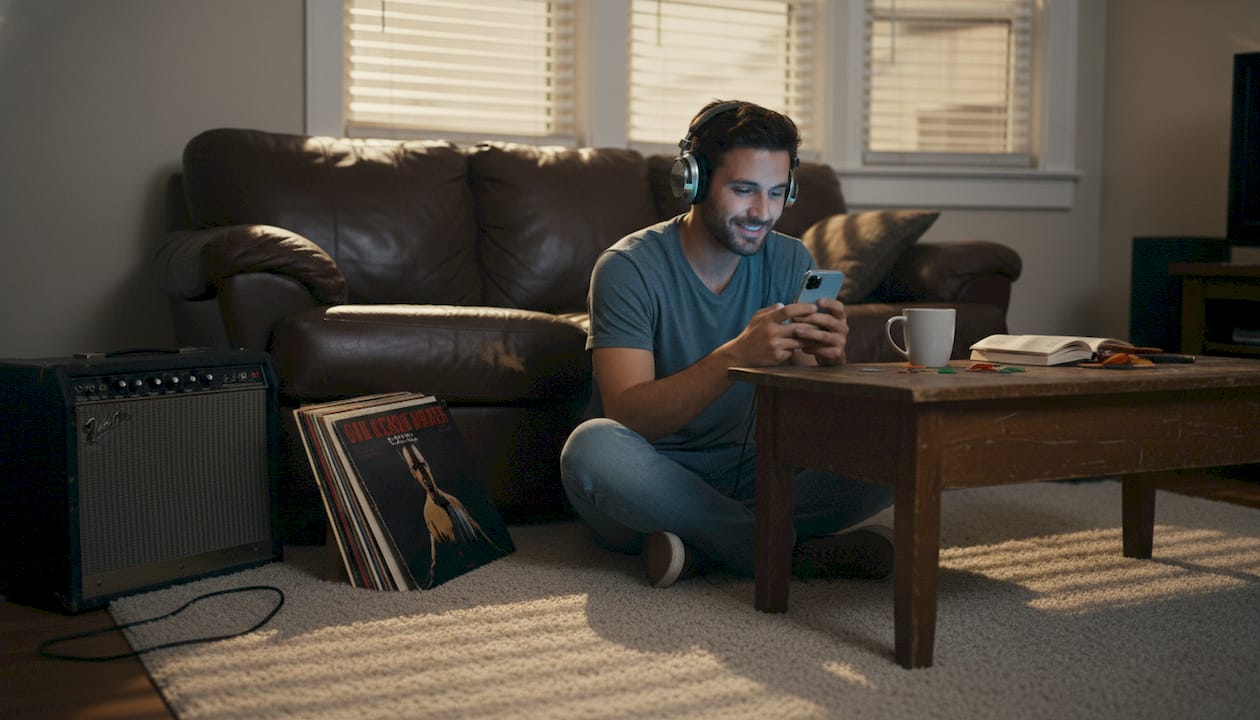 Man listening to music alone on couch