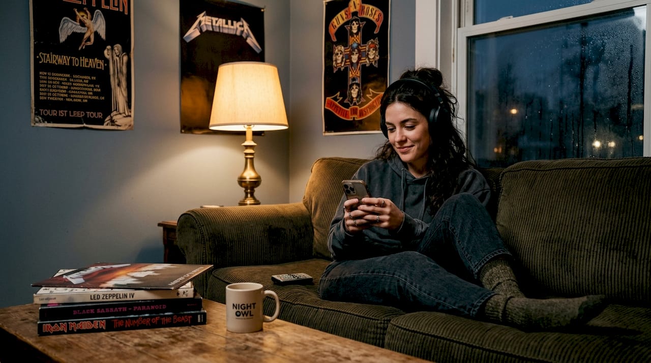 Woman listening to metal music at home