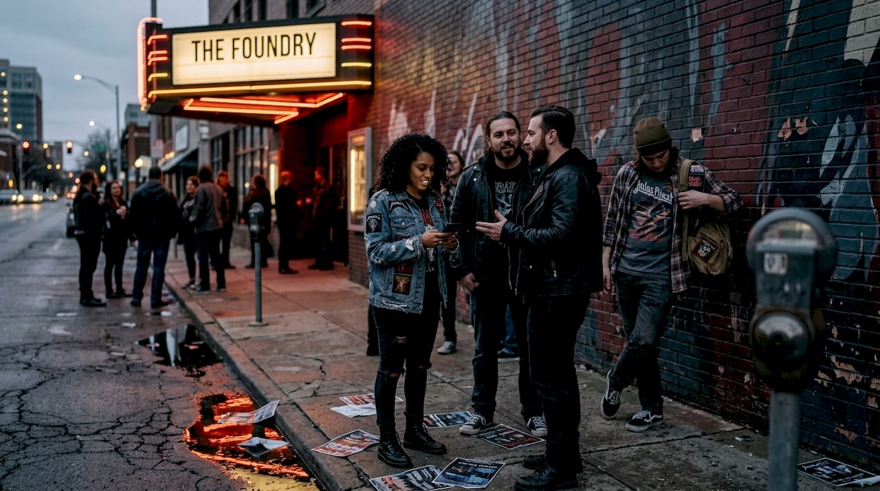 Fans outside concert venue at dusk