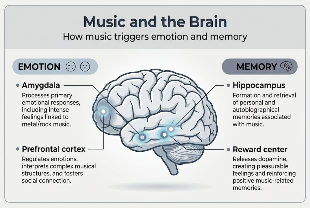 Infographic showing music’s effect on brain regions