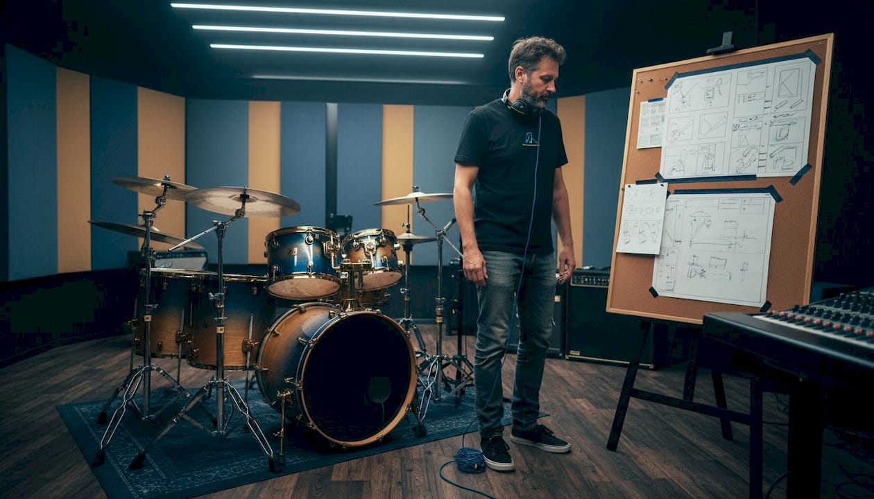 Director reviews storyboards in music studio