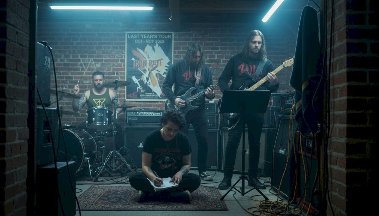 Heavy band rehearsing in basement studio