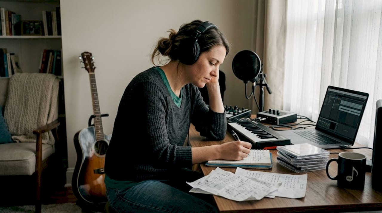 Songwriter creating lyrics in home studio