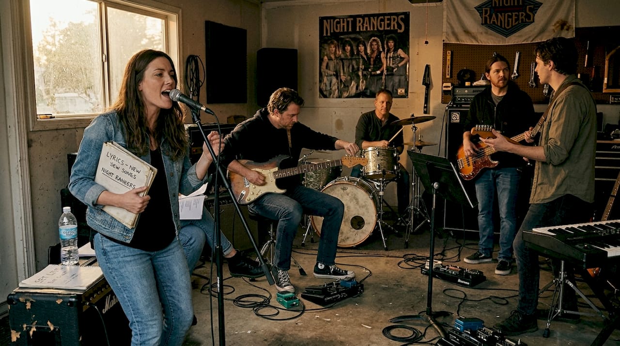 Band practicing emotional song in garage