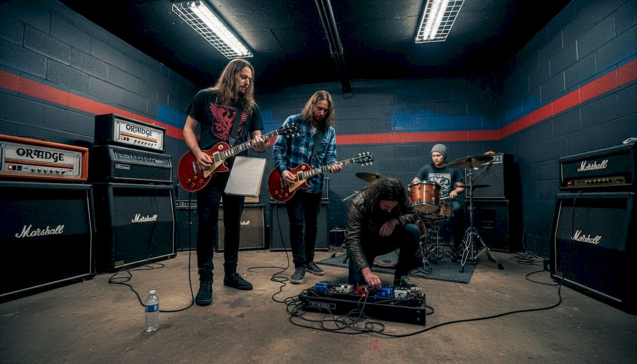 Hard rock band rehearsing in basement studio