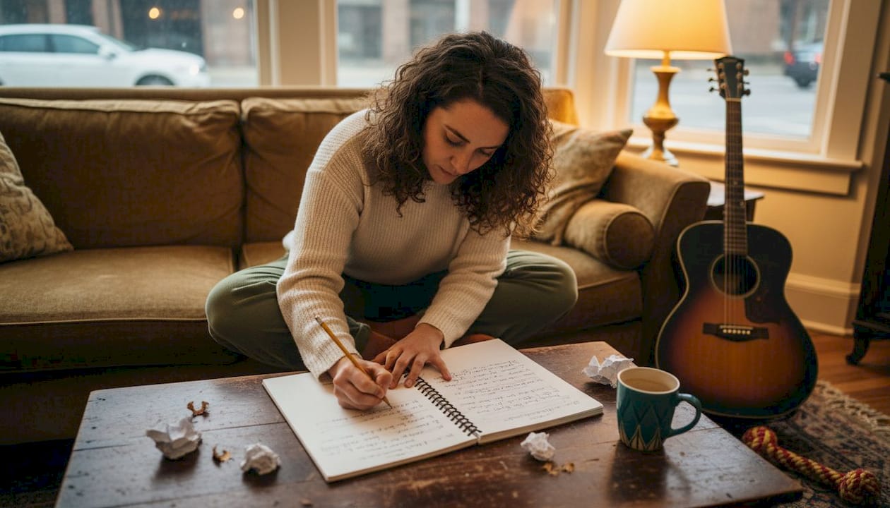 Songwriter crafting lyrics in living room at night