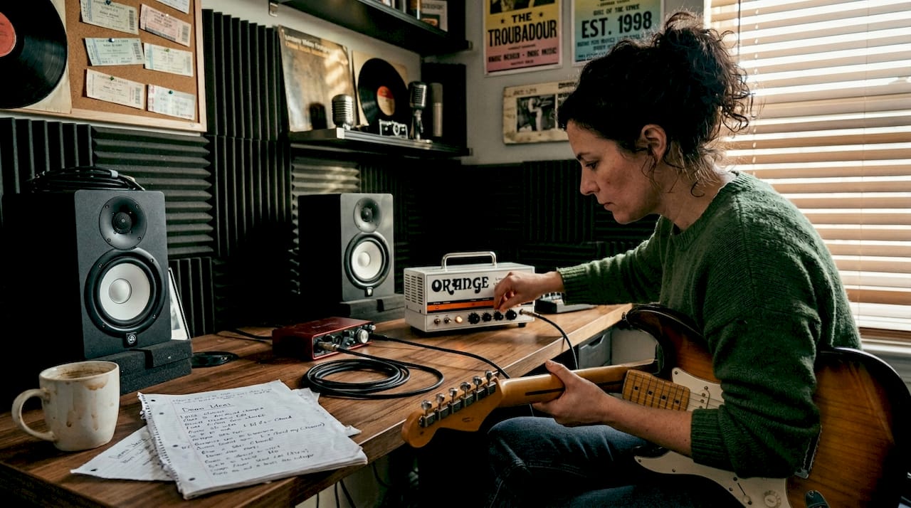 Guitarist working in cluttered home recording space