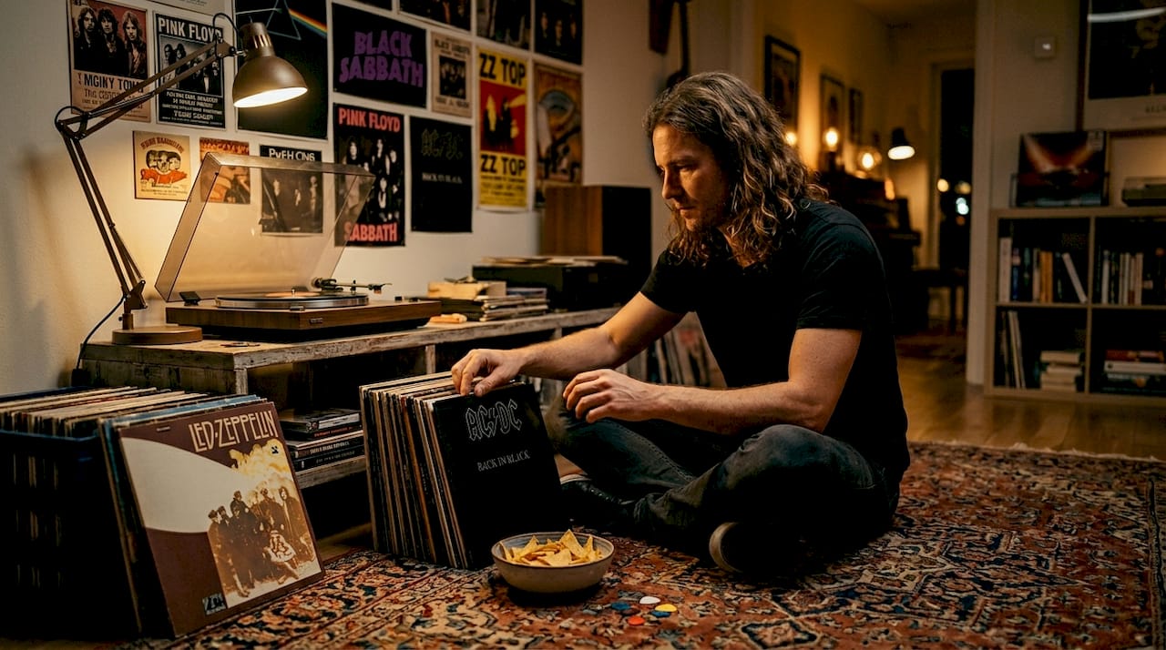 Fan sorting vinyl of classic hard rock bands