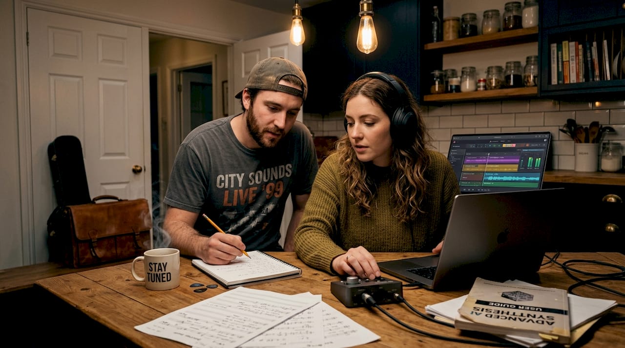 Musicians editing AI music at kitchen table