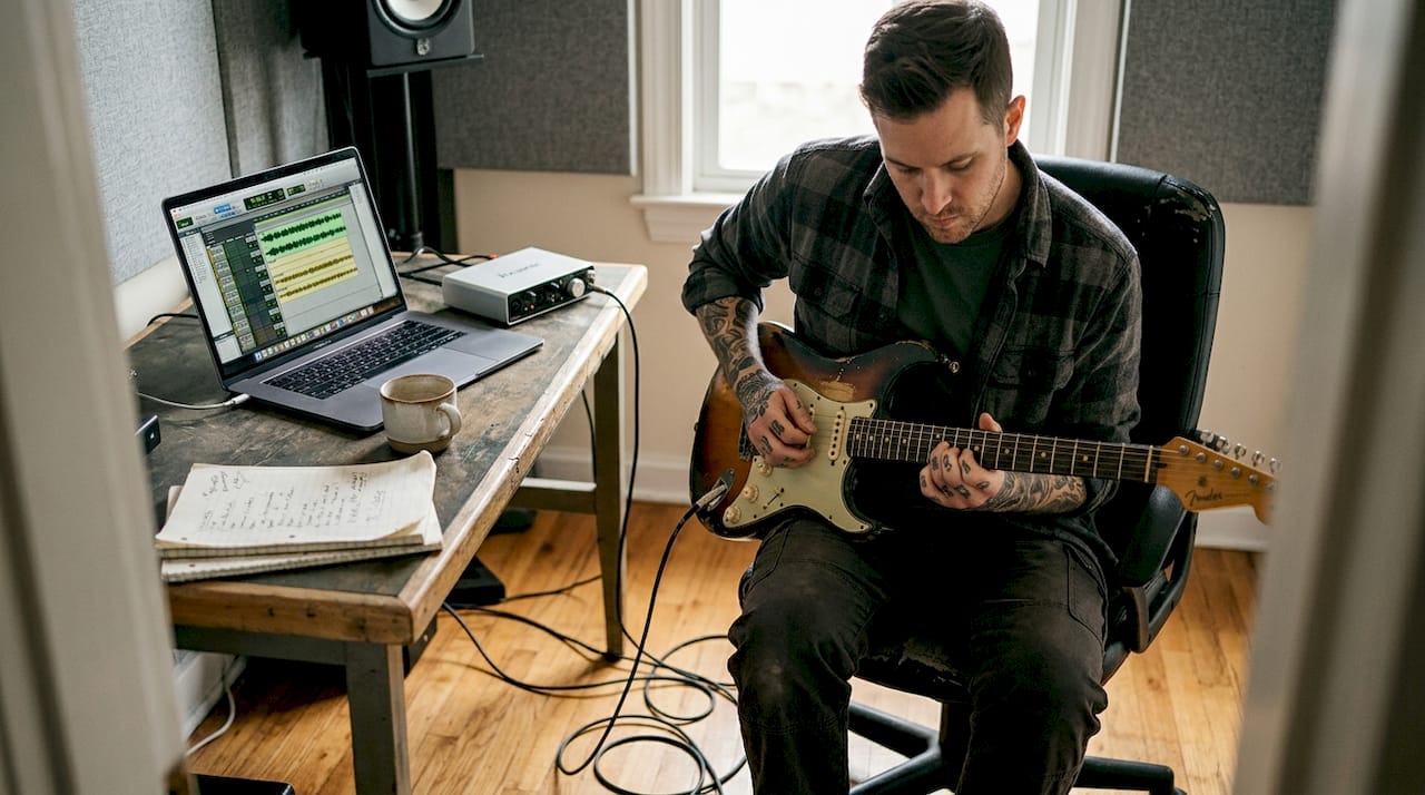 Guitarist recording in home studio workspace