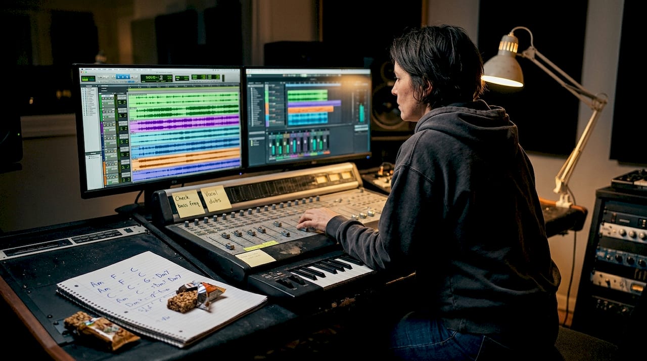 Music producer editing audio tracks in studio
