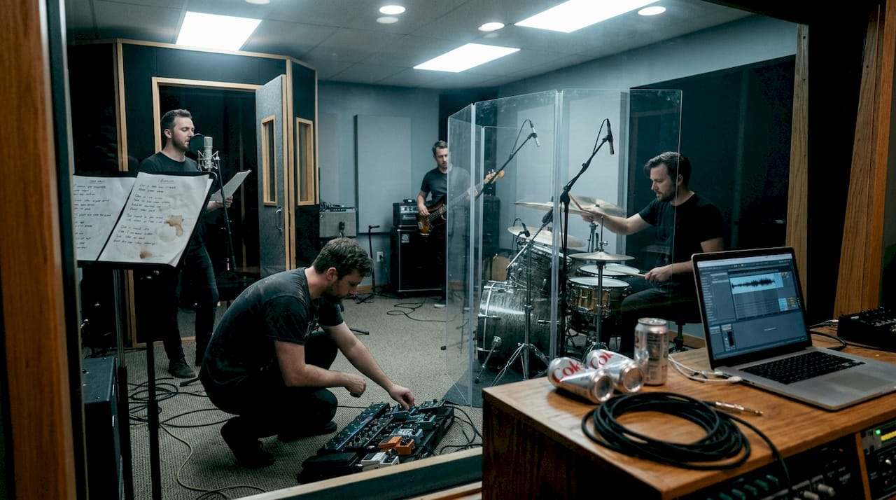 Rock band recording music in studio environment