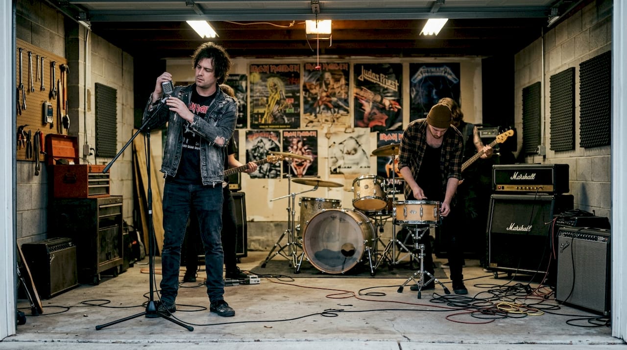 Rock band practicing in poster-filled garage