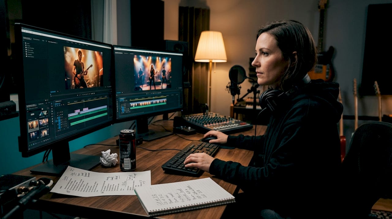 Engineer editing rock music video at desk