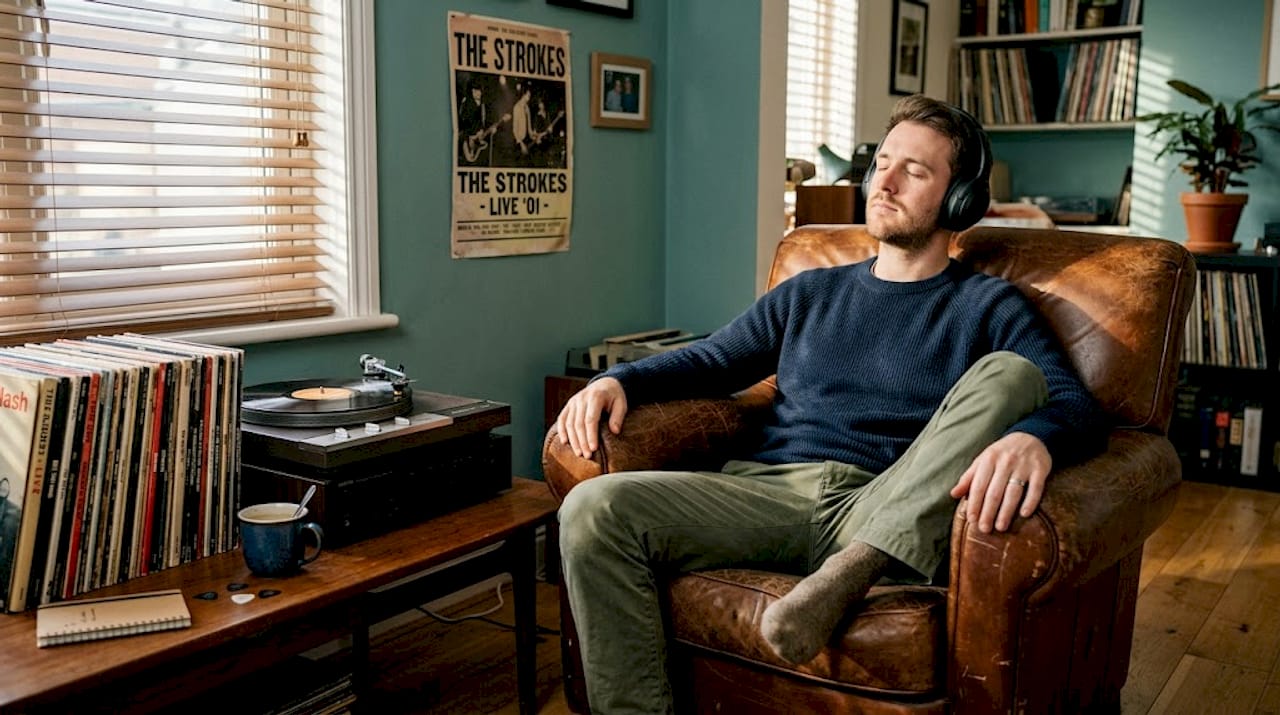 Man listening to metal music in living room