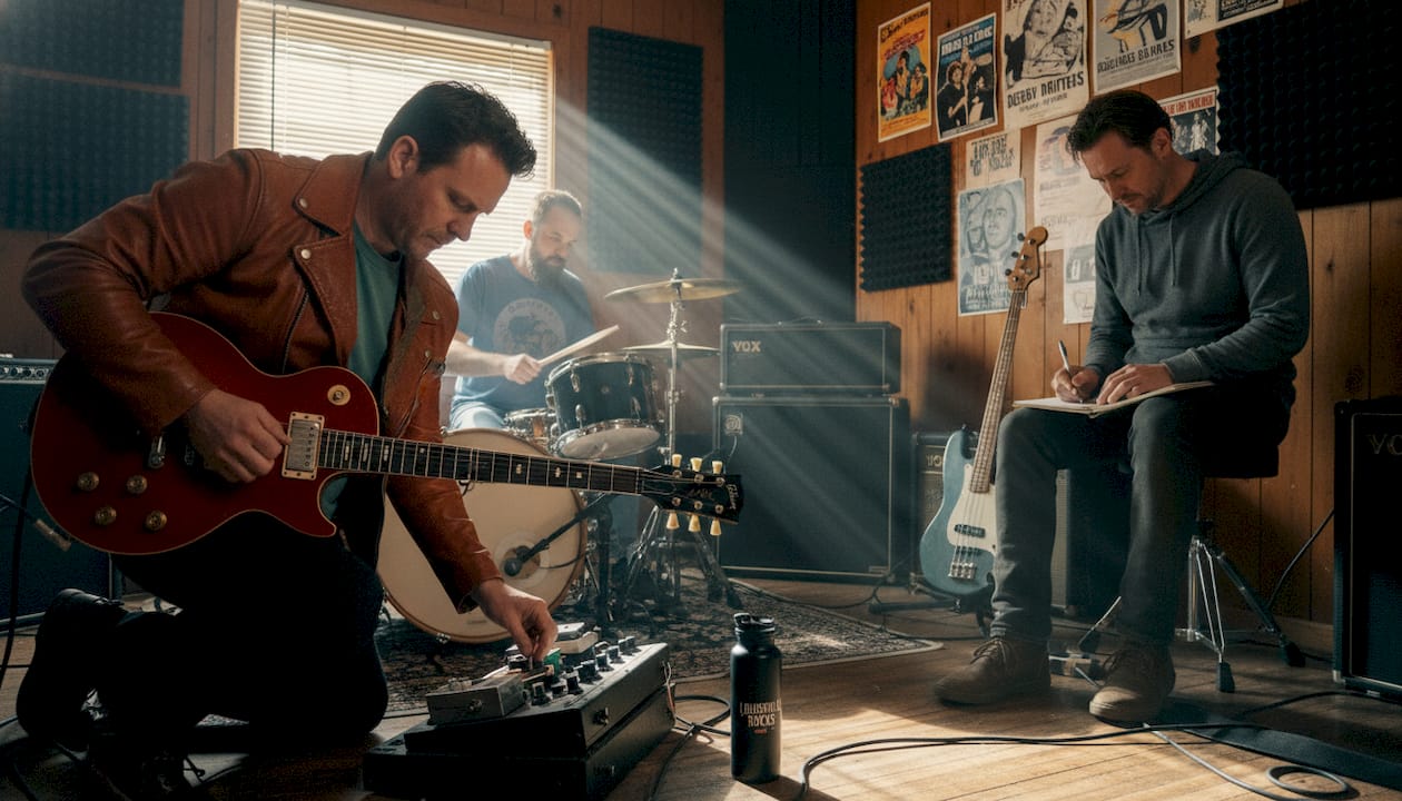 Kentucky rock musicians rehearsing in studio